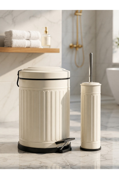 Yufira Life 5 Lt Çizgili Vintage Yavaş Kapanan Pedallı Krem Çöp Kovası ve WC ...