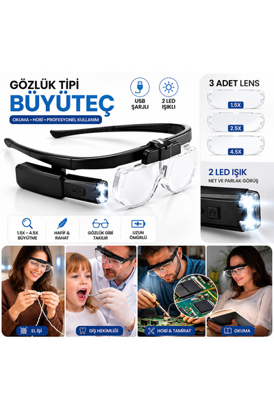 SHIPMENT Şarjlı Gözlük Büyüteç 3 Lensli Işıklı Ayarlanabilir Okuma Kuyumcular...