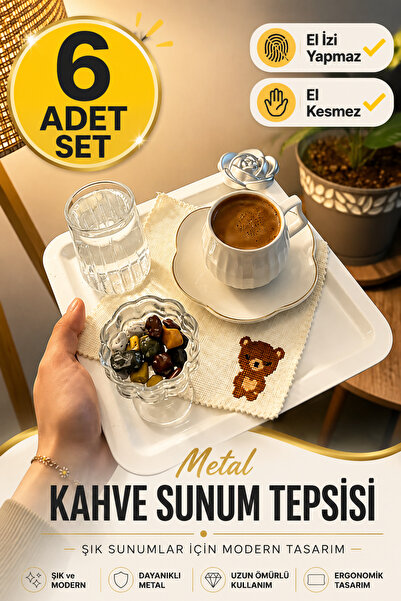 VENON 6 Adet 🌸Çizilmez & El İzi Göstermez 🌸 Kahve Sunum Tepsi 🌸 Mat Silver...