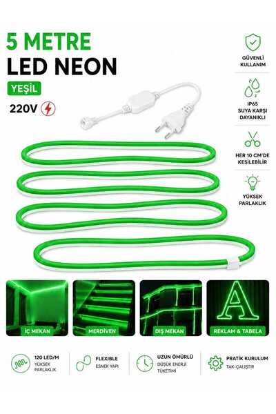 220 NEON LED 5 METRE YEŞİL RENK FİŞ İLE BİLİKTE