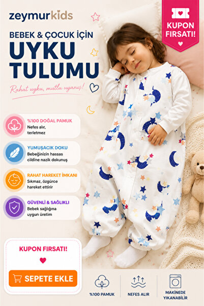 zeymurkids Bebek Çocuk Uyku Tulumu Pamuk Pazen Kolsuz Mavi Ay 21-24 Derece