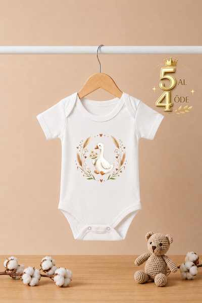 bebeqon Ördek Baskılı Kısa Kollu Bebek Zıbını Çıtçıtlı Body %100 Pamuk