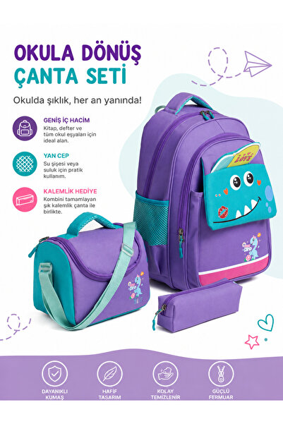 MİECZ BAGS Sevimli Dinazor Figürlü Kapaklı Modern Çok Gözlü İlkokul Kız & Erk...