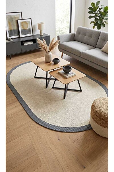 Frenda Natura Sisal Hasır Görünümlü Çerçeveli Oval Halı Ntr17 Lacivert-Krem