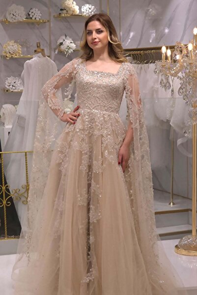 Yonca Moda Evi Bej Ync Pelerinli Nişanlık 8083