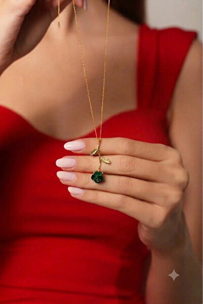 Sahira Jewelry Gül Motifli Yeşil Taşlı 14 K Altın Kaplama Kadın Kolye