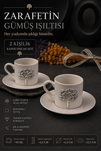 YzHome 2 Kişilik Porselen Hayat Ağacı Platin Gümüş Kabartma Motif Kahve Finca...