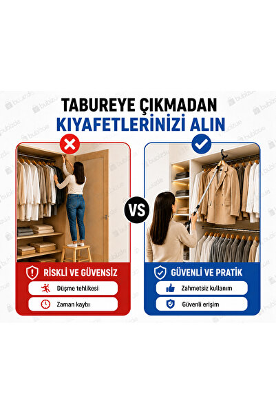 vitrinraf Mağaza Tekstil Askı Sopası Teleskopik Kıyafet İndirme Aparatı 2 Metre Profesyonel Kullanım