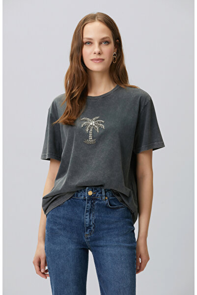 Network Antrasit Taşlı Palmiye Figürlü Parça Boya T-shirt