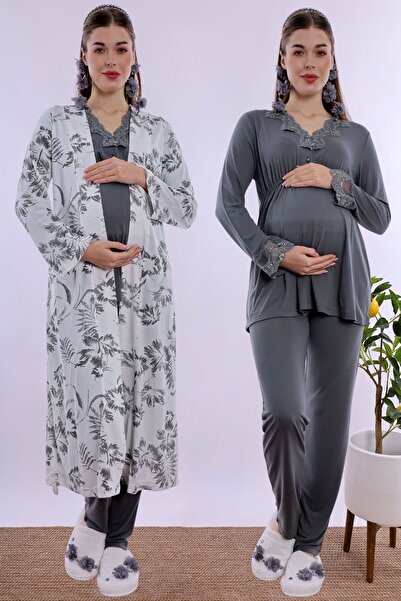 ByLohusa Set de pijamale de maternitate Effortt cu halat afumat
