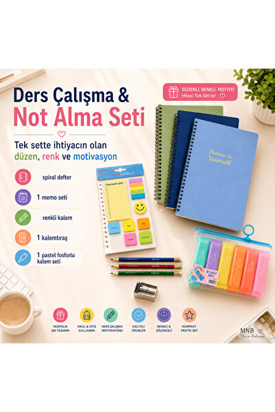 Fatih Ders Çalışma, Not defteri & Not Alma Seti 1 Defter + 3 Kurşun Kalem + P...