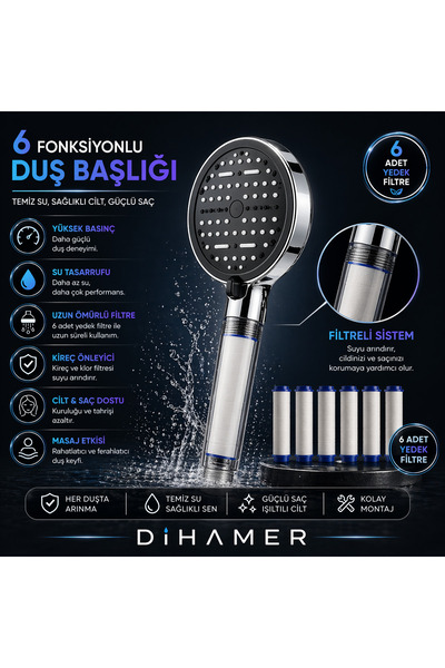 Dihamer Premium Filtreli Duş Başlığı | Su Arıtma, Yumuşak Su Etkisi, Ekonomik...