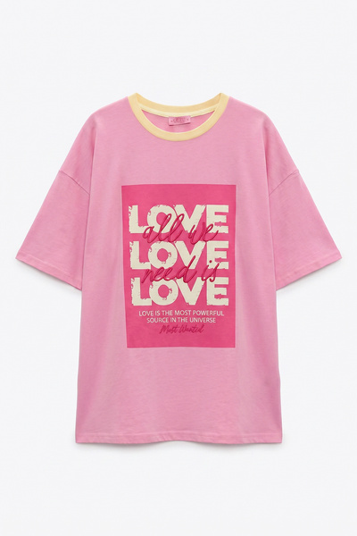 Quzu Love Text Printed Oversize T-Shirt Pink