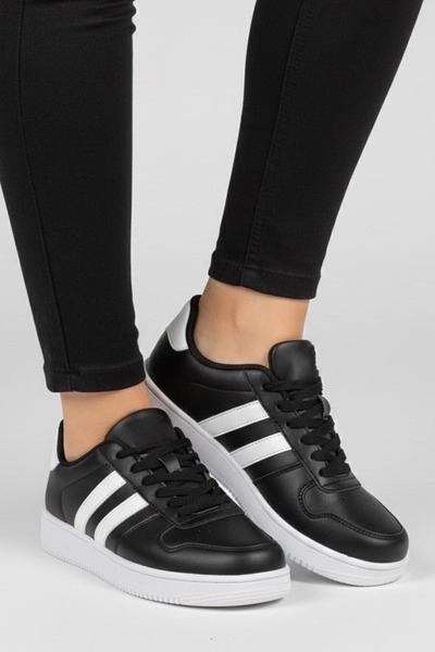 TOFİSA Women's Black and White Striped Faux Leather Sneakers - 27888-Black-White