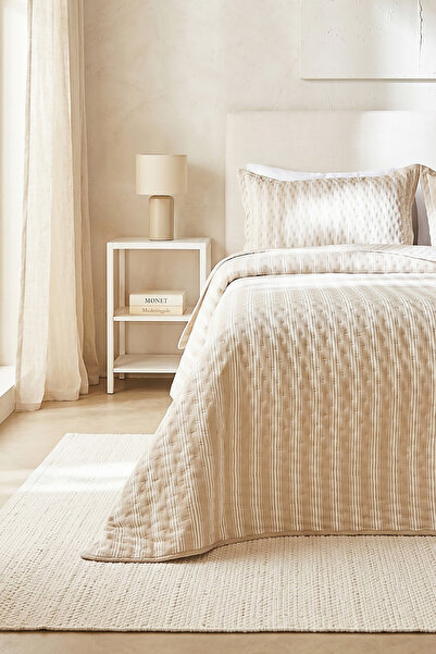 Ocean Home Textile Pamuklu Kapitoneli Bej Renk Çizgi Desen Tek Kişilik Yatak ...