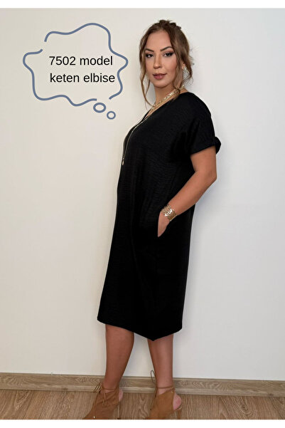 ZZ 7502-1 Kadın Siyah V Yaka Cepli Keten Elbise