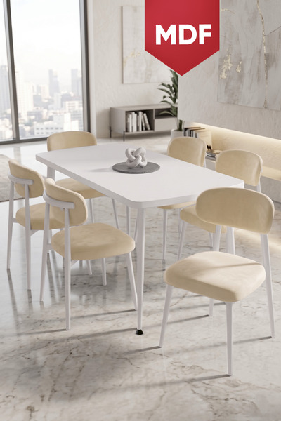Canisa Runes Serisi MDF Sabit 80x130 Beyaz Mutfak Masası Takımı 6 Krem Sandalye