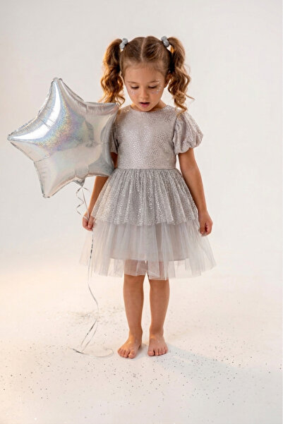 Eray Kids Kız Çocuk Abiye Elbise Fırfırlı Balon Büzgülü Kol Detaylı Tül 3-6 Yaş