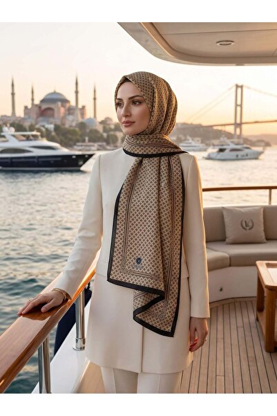 Vissona %100 İPEK ZİNCİR DESENLİ BEJ - SİYAH RENKLİ ŞAL