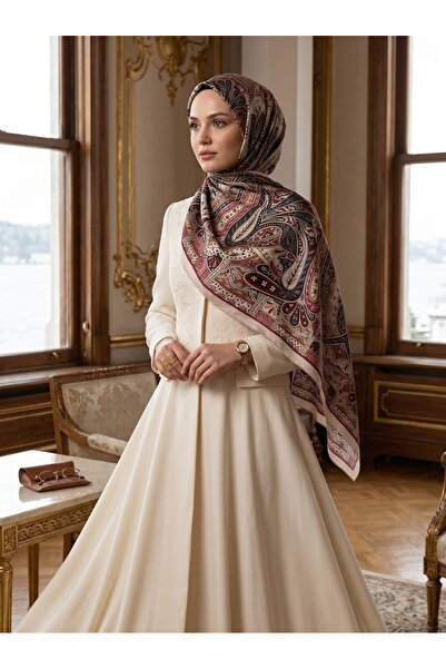 Vissona 100% İpek Etro Desenli Taş - Bordo Renkli 92x210 Şal