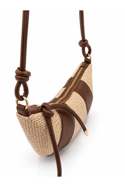 Sellini Rope Pendant Detailed Faux Leather Bohemian Croissant Style Vera Women's Crossbody Bag Straw Tan