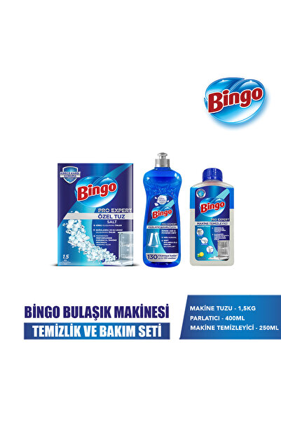 Bingo مجموعة تنظيف غسالة الأطباق (منظف غسالة 250 مل + ملح 1.5 كجم + ملمع 400 مل)