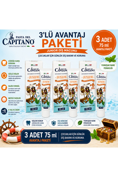 Pasta Del Capitano معجون أسنان كابيتانو للأطفال +6 بنكهة النعناع الخفيف 75 مل...
