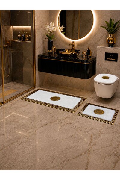 SANCAK DERİ HALI LÜKS GOLD VARAKLI EKRU PELUŞ BANYO PASPAS TAKIMI