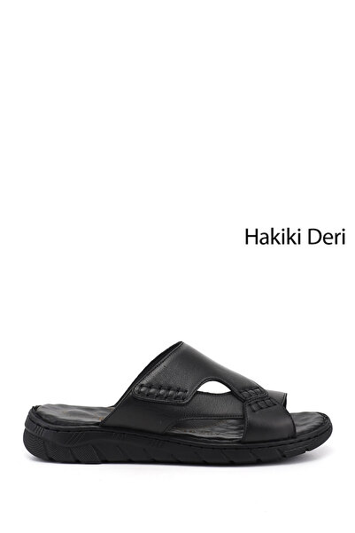GÖNDERİ(R) Men's Black Genuine Leather Comfort Slippers