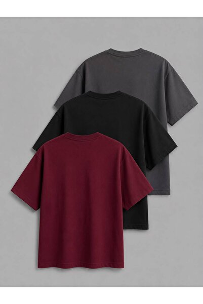 trendgar Siyah Bordo ve Füme 3'lu oversize unisex tişört