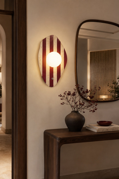 Baz Aydınlatma Push Travertine Marble Wall Sconce with Burgundy Stripes and Buttoned Opal Glass, Modern Decorative Sconce, G9 Bulb Included