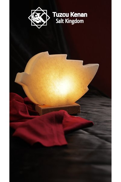 TUZCU KENAN White Leaf Model Salt Lamp with Wooden Base Decorative Ambient Lamp