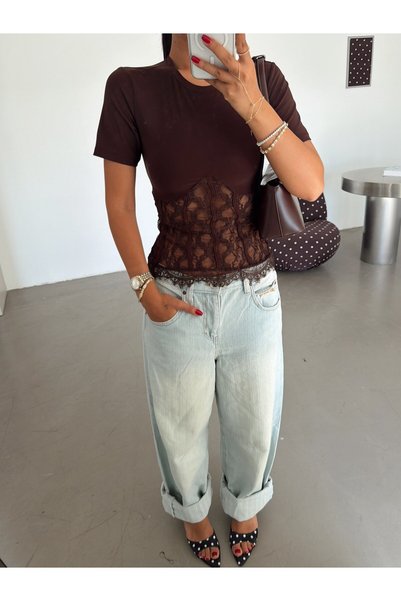 myd Basic Lace Detailed Top with Ribbed Back - Brown