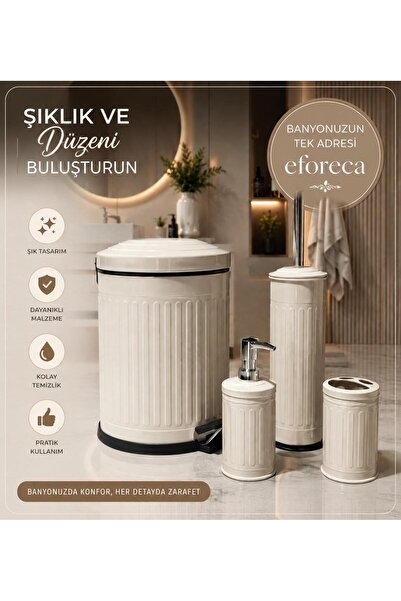 Eforeca Vintage 4 Lü Çöp Kovası Banyo Seti Çizgili Krem