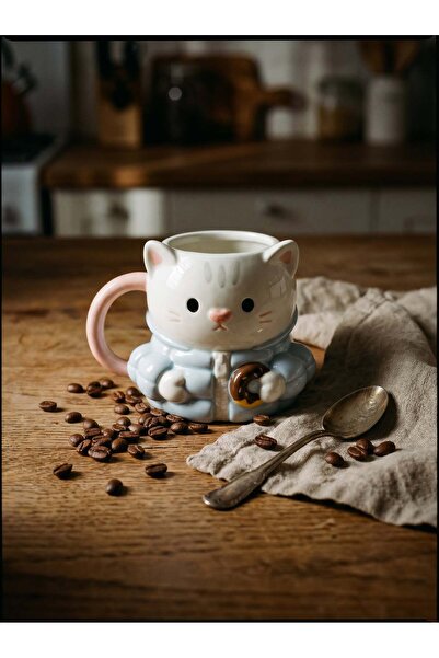 Rosie Ceketli Kedi Figürlü Kupa, El Yapımı, Kahve Kupası, Mug, 400 ml