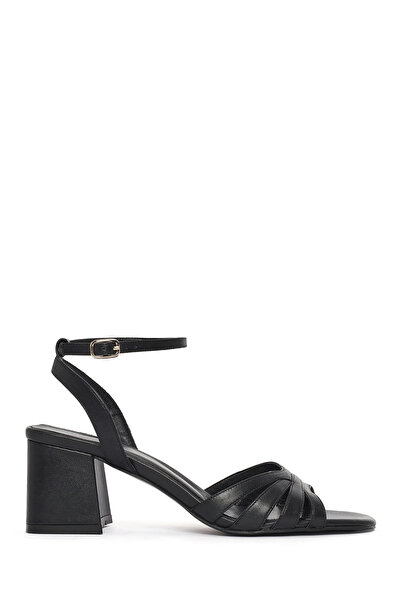 Derimod Sandale din piele neagră pentru femei, cu cataramă la gleznă și toc g...