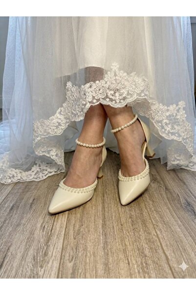 LİNEER WOMEN'S SEDEF BROKEN WHITE COMFORTABLE 7 CM WOMEN'S HEELED PEARL EMBRO...