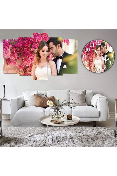BellaaaModa Kişiye Özel Fotoğraf Baskılı MDF 5 Parcalı Tablo + Saat