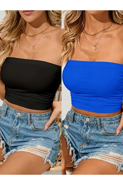 Olyssia Women's 2-Pack Black & Blue Strapless Crop Top Bustier – Stretchy Ban...