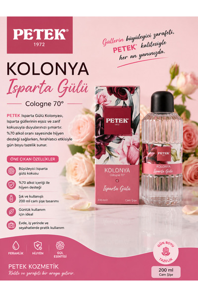 PETEK 200 ml parfümlü cam şişe gül kolonyası