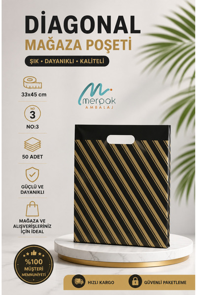 Merpak Ambalaj Çizgili Mağaza Poşeti (NO 3) 50 Adet 33x45 Cm Çizgili Takviyel...