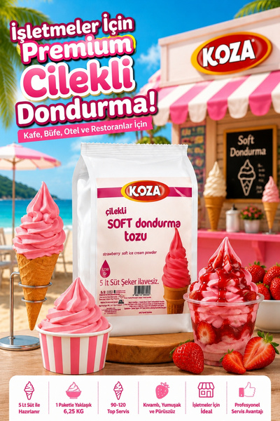 Koza Soft Dondurma Tozu Çilekli - 5 Litre Süt İle Hazırlanan Dondurma Makines...