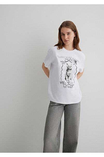 Mavi Kedi Baskılı Beyaz Tişört Loose Fit / Bol Rahat Kesim 1613095-620