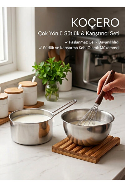 Pan City 2 Li Paslanmaz Çelik Sütlük Koçero Ve Karıştırıcı Çelik Kase 14 - 16 CM
