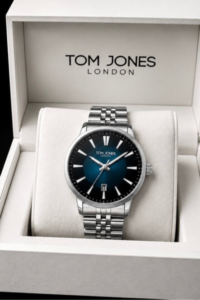 Tom Jones London Erkek kol saati orjinal gümüş petrol mavi renk çelik 3atm su...