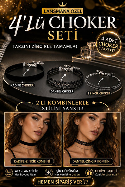 Liora De Mar 4’lü Choker Kolye Seti | Kadife, Dantel ve 2 Zincir Tasarım | Ay...