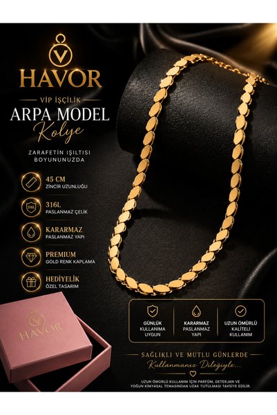 havor Premium Paslanmaz Çelik Gold Renk Arpa Model Kadın Kolye 45 CM Kararmaz...