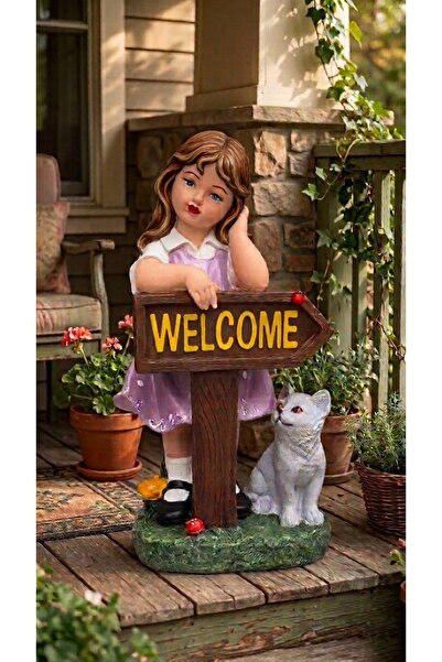 Dekoromi Dekoratif Welcome Kız Heykeli Biblo Hoşgeldiniz 3D El Boyaması Figür...