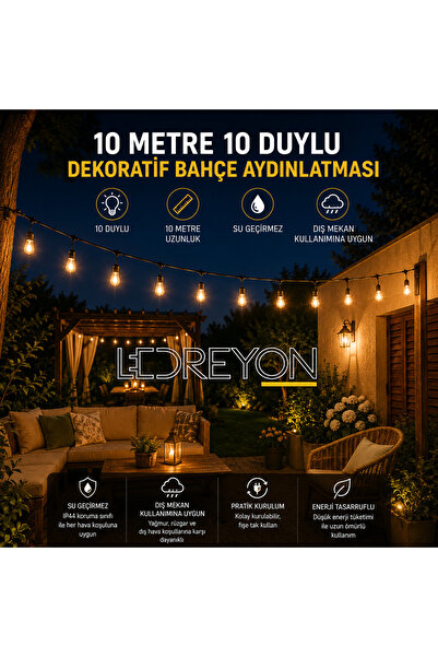 LEDREYON Dekoratif 10 Metre E-27 Duylu Dış Mekan Ip Led Bahçe Aydınlatma Ekle...