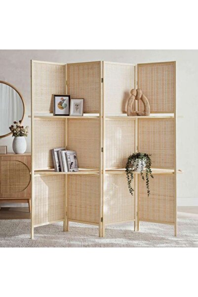 PAN HOME Ansen Bamboo Screen 4-panel Room Divider With Shelf 180x180cm - Natural